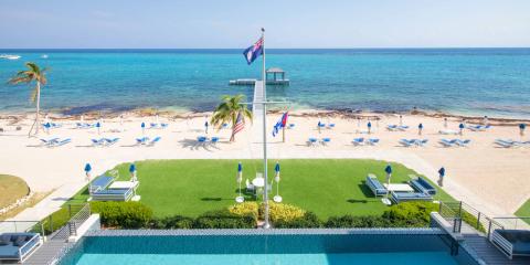 The image showcases a beautiful beachfront setting with a clear blue sky and a vibrant turquoise ocean