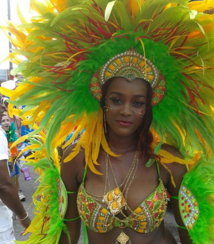 The image shows a woman wearing an elaborate carnival costume