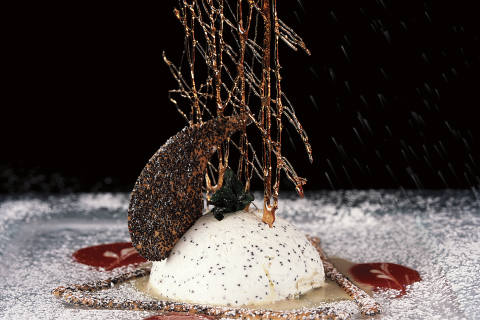 This image features an elaborate and artistic dessert presentation