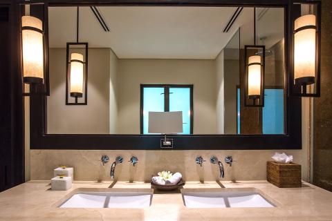 This image shows a luxurious and modern bathroom design