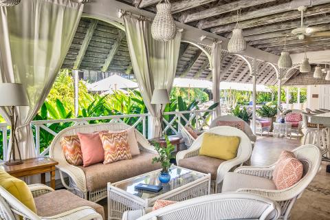 This image shows a sophisticated and inviting outdoor patio area