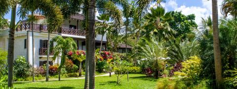 The image features a lush tropical landscape with a large elegant building that appears to be a luxurious house or resort