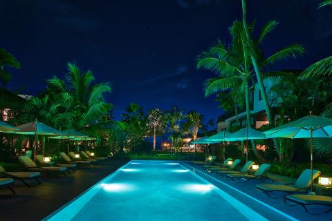 This image features a beautiful night view of a luxury pool area surrounded by tropical vegetation