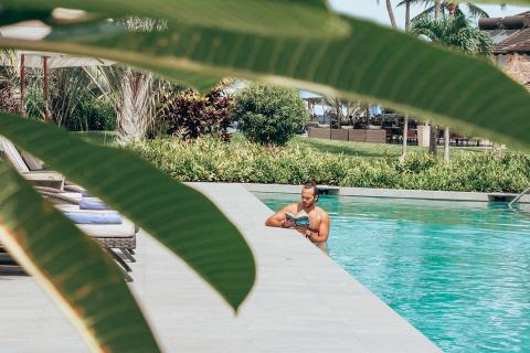 This image shows a serene tropical resort setting