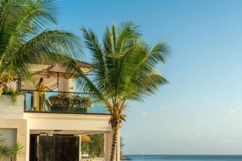 This image features a scenic view of a beachfront property during daylight