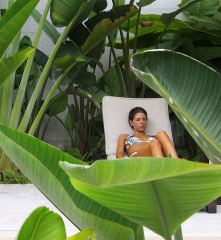 The image shows a person relaxing on a lounge chair surrounded by lush green foliage