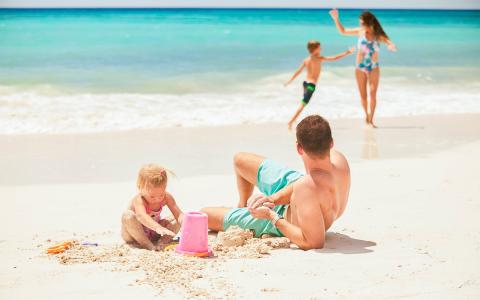 This image shows a family enjoying a sunny day at the beach