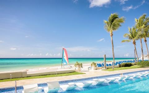 This image features an idyllic beach setting