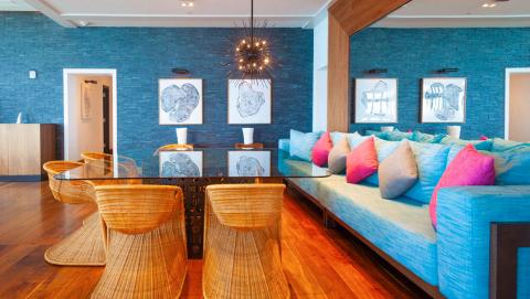 This image features a vibrant and stylish interior space