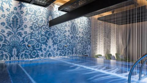 This image shows an elegant indoor swimming pool area