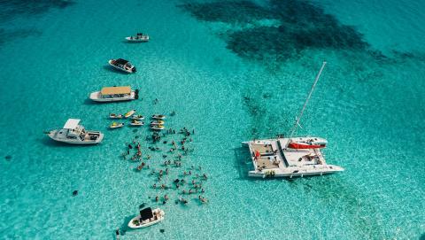 This image shows a vibrant and idyllic beach scene with crystal clear turquoise water