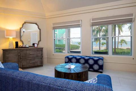 This image shows an interior room that features a calming coastal theme