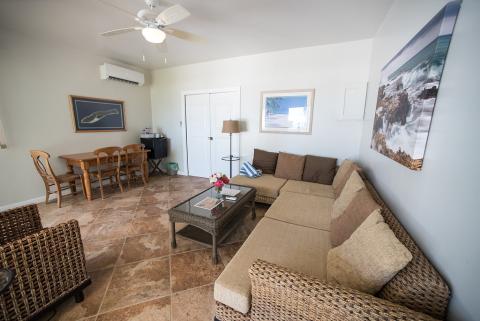 The image shows a neatly arranged living room with a dining area