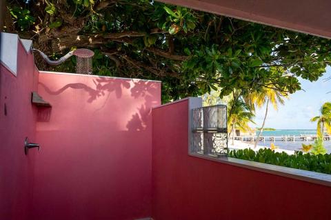 This image captures an outdoor shower setup with a distinctive vibrant pink wall
