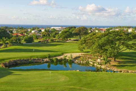 This image features a beautifully manicured golf course with a lush, vibrant green lawn and a small pond