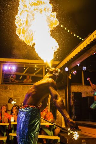 This image captures a dramatic moment of a fire performance