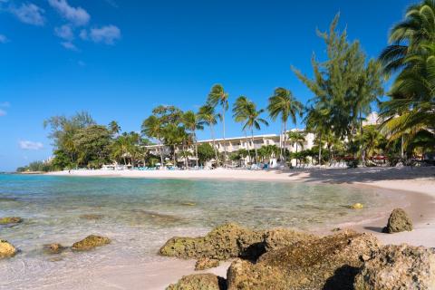 This image shows a beautiful tropical beach setting