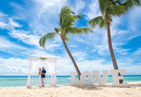 This image depicts a beach wedding scene under a clear blue sky
