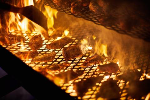 This image shows an assortment of meats being grilled over an open flame