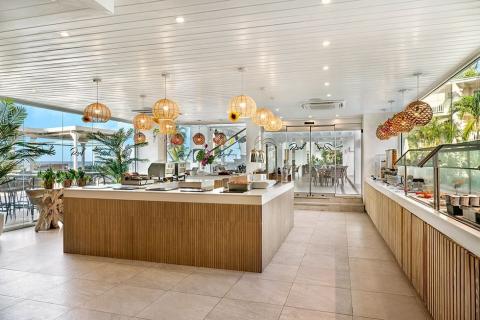 This image shows a modern and stylish cafeteria or restaurant interior