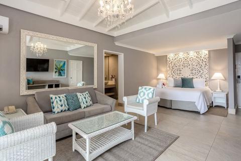 This image shows an elegantly decorated room that combines bedroom and living areas in a seamless design