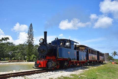 The image shows an old-fashioned steam locomotive pulling passenger carriages on a railway track