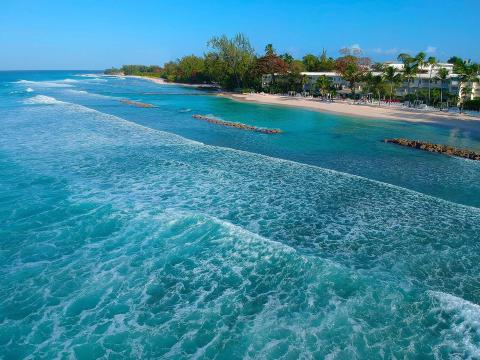 This image shows a beautiful coastal landscape viewed from above