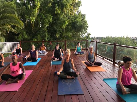 This is an image of a group of people participating in a yoga session outdoors