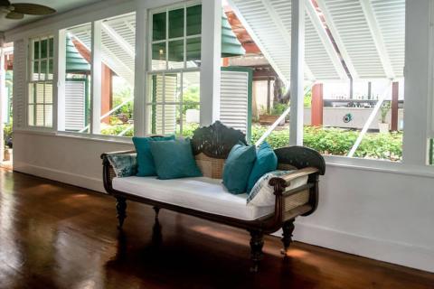 This image shows a stylish indoor space with traditional decor elements