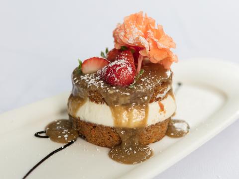 The image shows a delectable dessert composed of layered elements