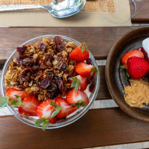 This image features a bowl filled with what appears to be a yogurt and granola dish, elaborately topped with fresh strawberries and a generous sprinkling of raisins