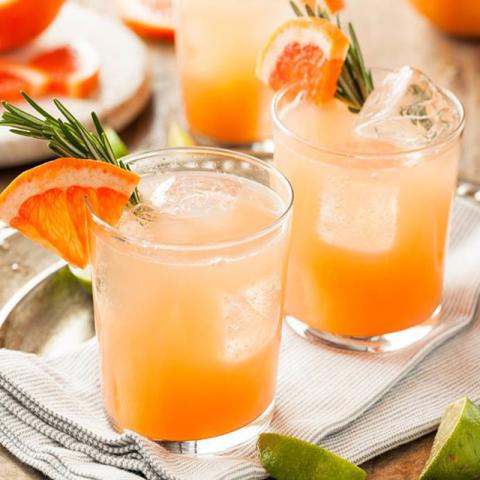 This image shows two glasses of a grapefruit-based cocktail, garnished with slices of grapefruit and sprigs of rosemary