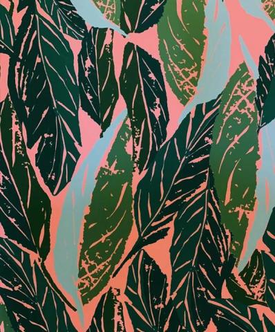 This image features a colorful artistic depiction of leaf patterns