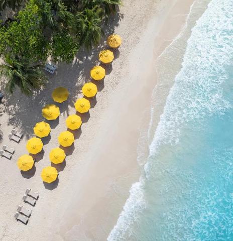 The image shows an aerial view of a beautiful sandy beach lined with yellow umbrellas and beach chairs