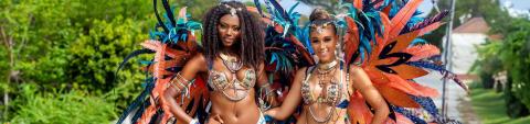 This image appears to be a vibrant and colorful display of two women in elaborate carnival costumes showcasing an impressive array of feathers, jewels, and embellishments