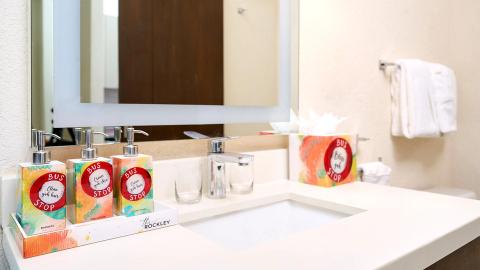 The image shows a bathroom vanity counter with a modern and clean design