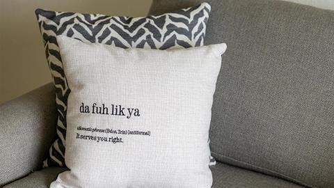 The image shows two decorative pillows on a grey sofa