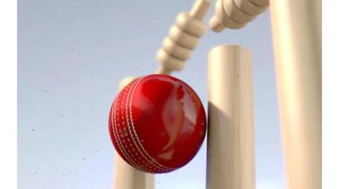The image shows a red cricket ball hitting a cricket wicket