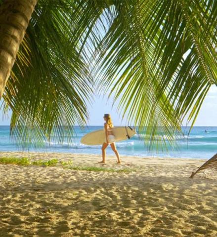 This image shows a beach scene with a person holding a surfboard